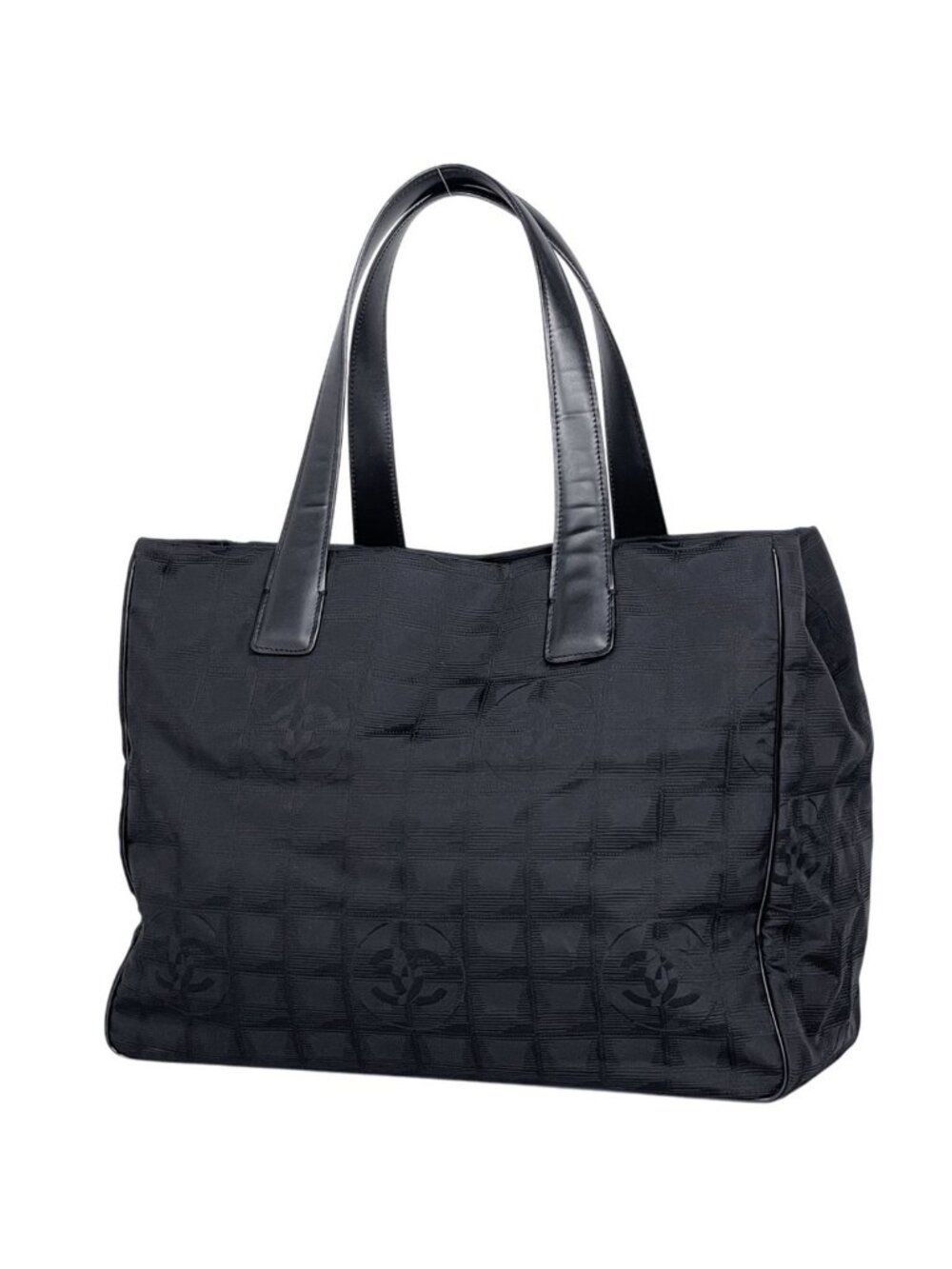 Chanel New Travel Line Tote MM CC Logo Shoulder Bag Nylon Jacquard Black